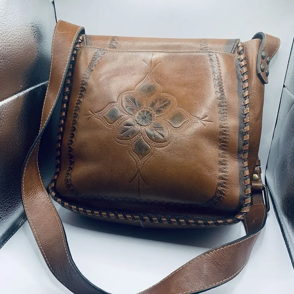 PATRICIA NASH HAND TOOLED SATCHEL CROSS BODY BAG PURSE Brown Leather